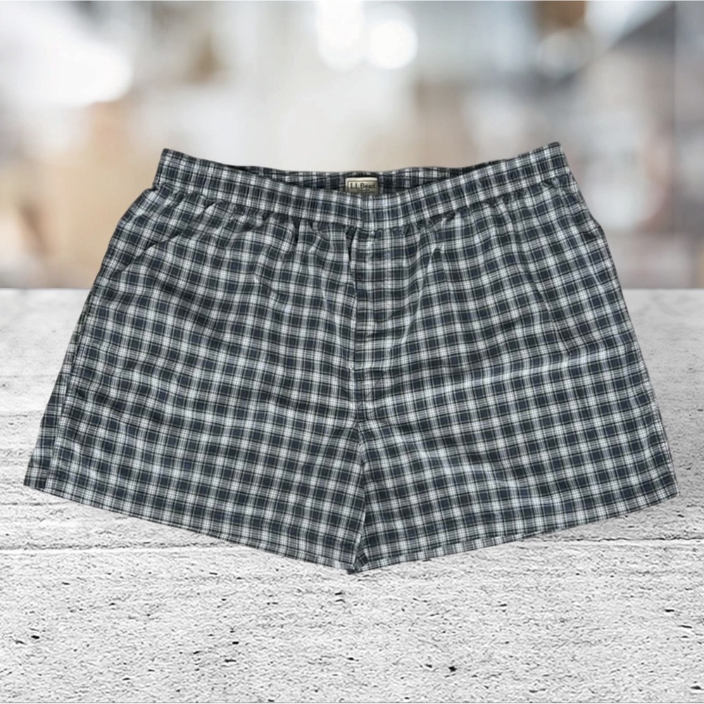 LL Bean 100% Cotton Men's Boxer Blue White Green Scotch Plaid Sleep Shorts XXL